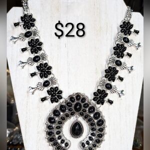 Elegant Black Southwest Squash Blossom Necklace